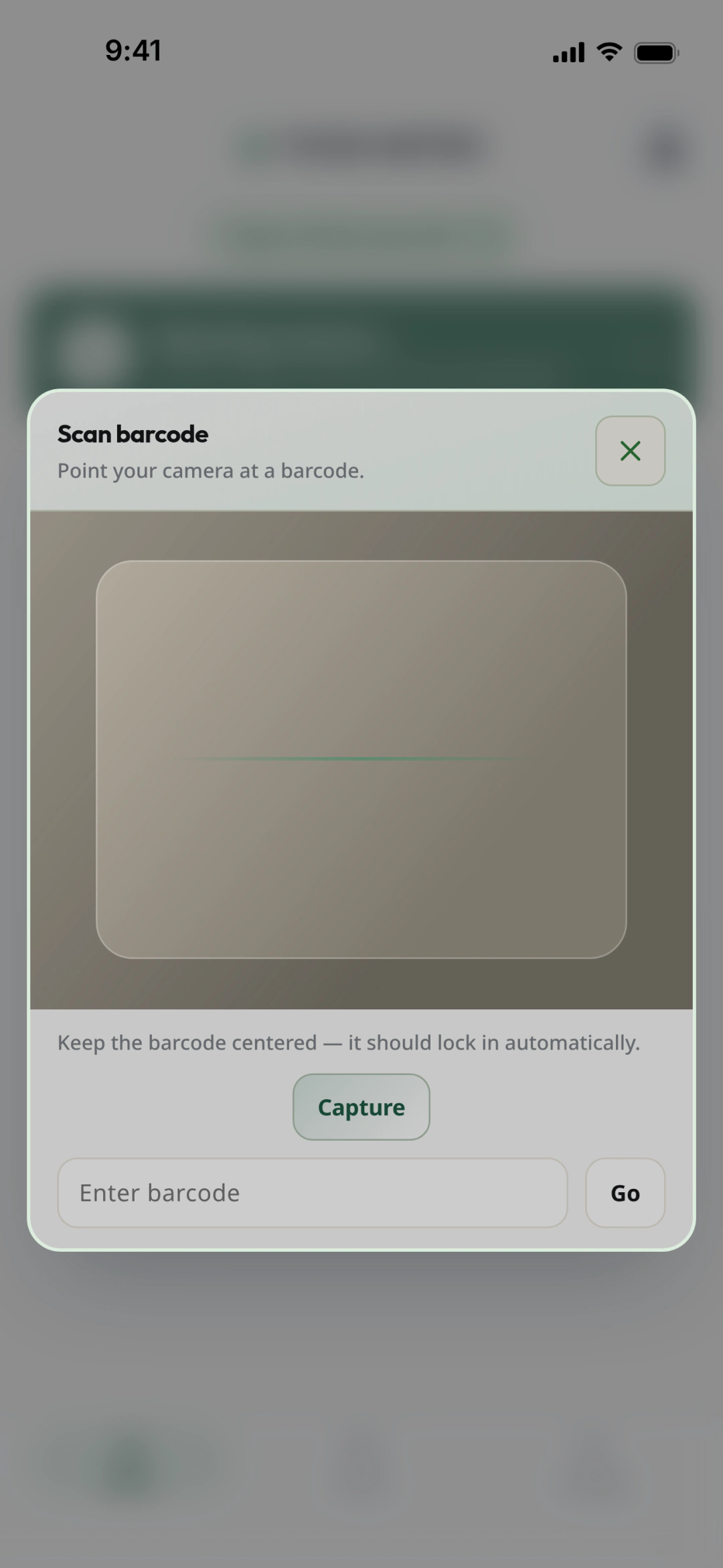 Food Metric's "Scan barcode" sheet with a camera viewfinder, the hint "Keep the barcode centered — it should lock in automatically," a Capture button, and an "Enter barcode" field with a Go button.