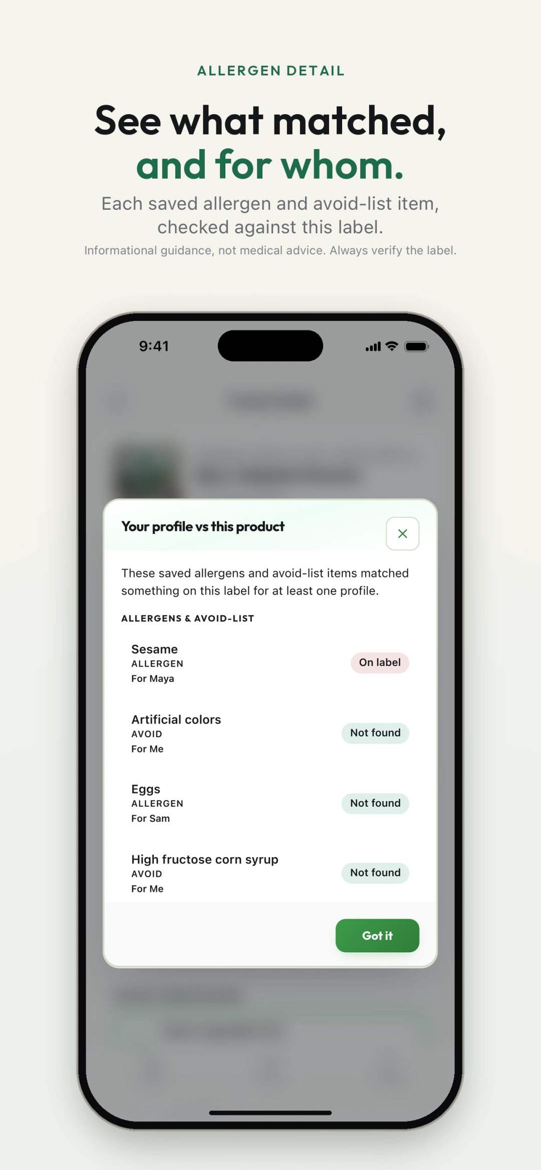 A Food Metric App Store screenshot titled "See what matched, and for whom." It shows the "Your profile vs this product" sheet: Sesame (allergen, for Maya) is marked "On label," while Artificial colors (for Me), Eggs (for Sam), and High fructose corn syrup (for Me) are marked "Not found."
